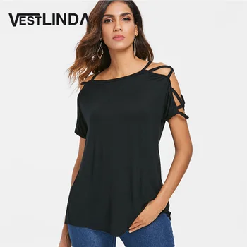 

VESTLINDA Strappy Criss-Cross Sleeve T-Shirt 2018 Summer Fashion Tops Tees Female Clothes Solid Black Casual T shirt Women Top