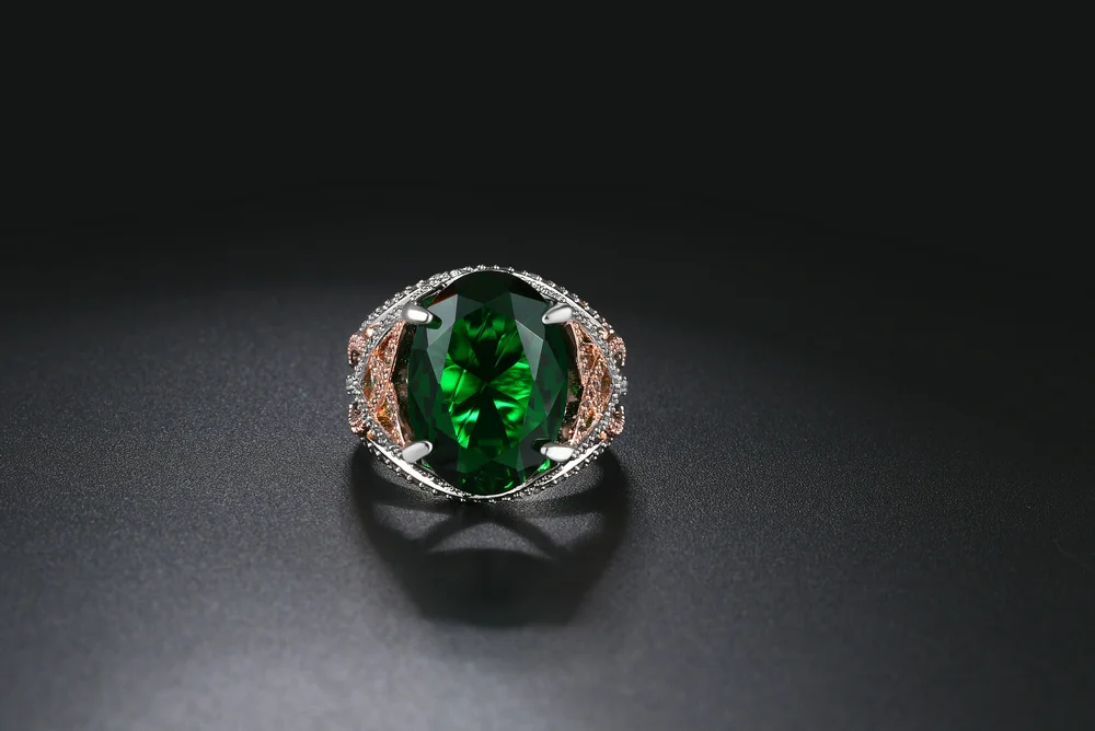 От Double Fair стильный дизайн большое кольцо инкрустированные Большой овальный Зеленый хрустальный камень кольца для Для женщин Серебряный Цвет Свадебные украшения DFYG048