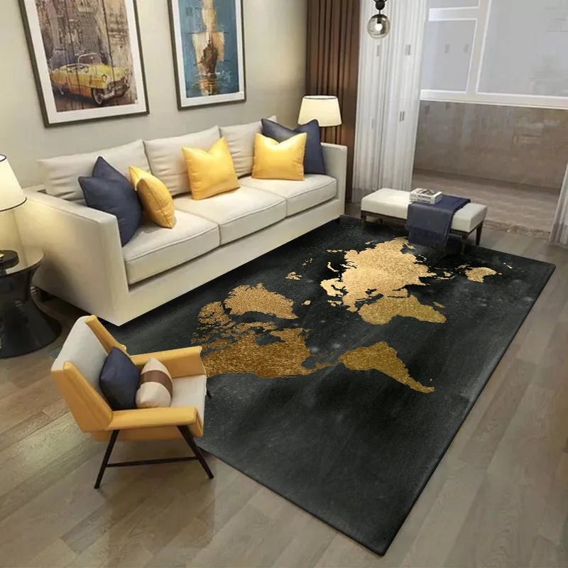 Модный Европейский и американский современный черный золотой мир ковер с картой спальня гостиная кухня напольный коврик на заказ бархатный ковер