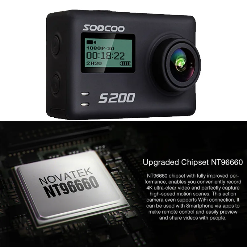 Спортивная Экшн камера SOOCOO S200 Ultra HD 4K 20 МП NTK96660 Чип IMX078 датчик WiFi Gryo Голосовое