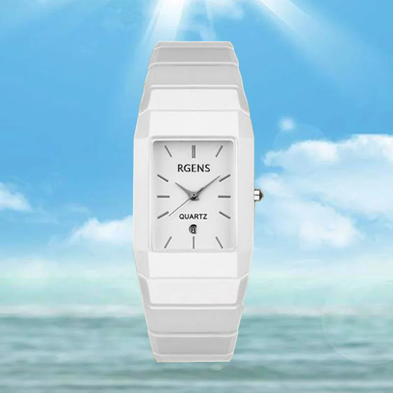 

man Ceramic wrist watches men black white quartz square clocks business casual waterproof male wristwatches RGENS brand 5510