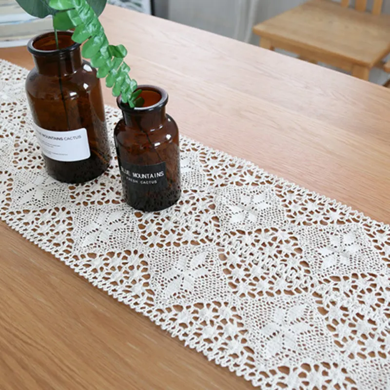 Beige Vintage Floral Lace Table Runner Tasseled Edges Cotton Crocheted Table Cloth Cover Hollow-out Dining Tabletop Decoration - Цвет: Pattern 2