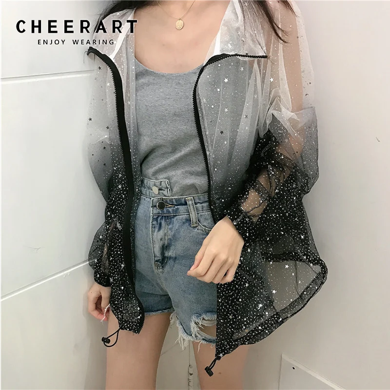 

Cheerart Transparente Sequin Summer Cardigan Blouse Jacket Women Gradient Star Print See Through Loose Korean Blouse
