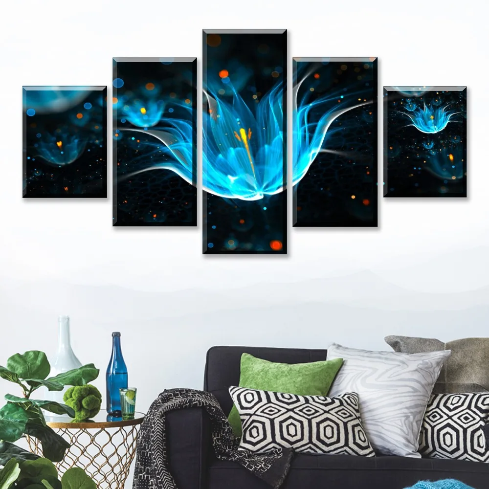 HD Print 5 Piece Abstract Canvas Art Poster Blue Sparks Flower Paintings On Wall For Home Decorations Decor Framework | Дом и сад