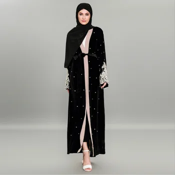 

Muslim Velvet Abaya Beading Long Robe Tunic Kimono Ramadan Islamic Clothing Worship Service Cardigan Embroidery Lace Maxi Dress