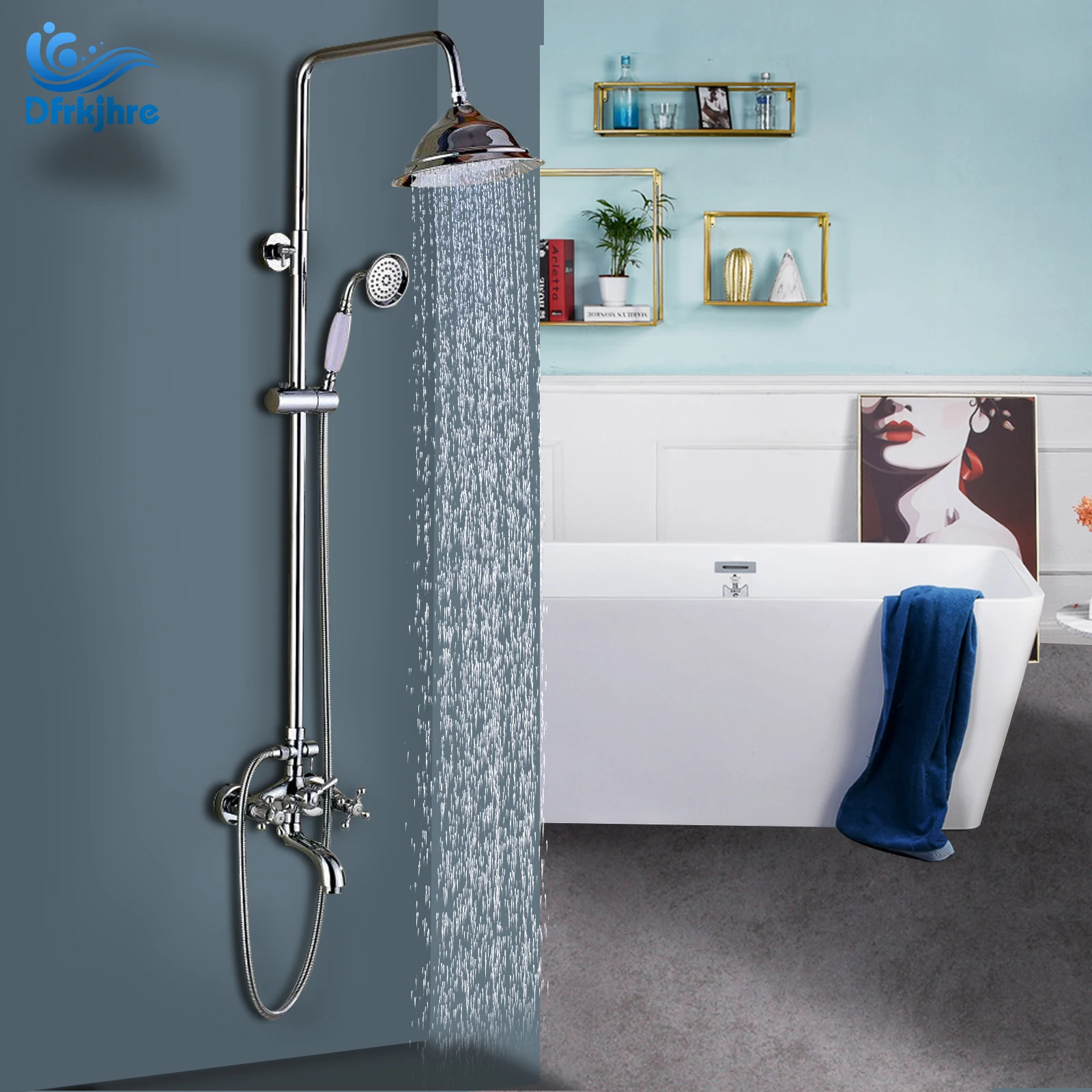 

Wall Mounted Shower Faucet 8" Rain Shower Head With Brass Hand Shower Brushed Nickel