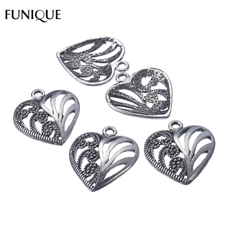 

FUNIQUE Antique Silver Charms 30PCs Hollow Flower Vine Pattern Heart Shape Charms Pendants For Jewelry Making 22x19mm