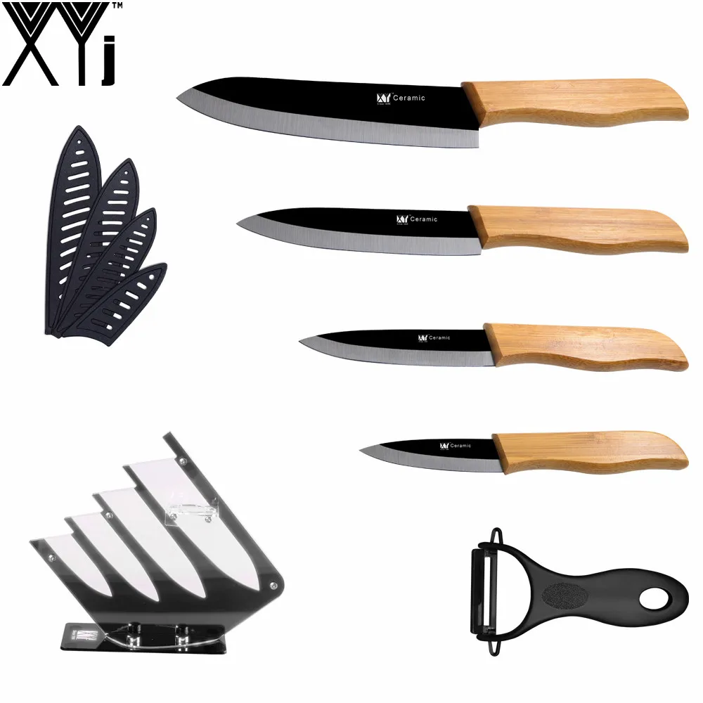 

XYJ Brand Best Home Kitchen Knife Bamboo Handle Black Blade 3" 4" 5" 6" Professional Ceramic Knife + Sharp Peeler + Knife Holder