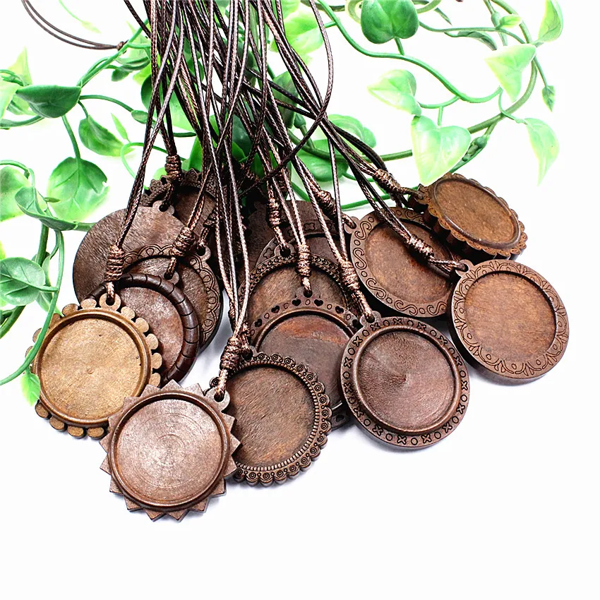 

Fit 30mm Cabochons brown Wood Necklace Base blank Wooden Pendant Trays Diy Jewelry Accessories for Necklace Making 5 Strands