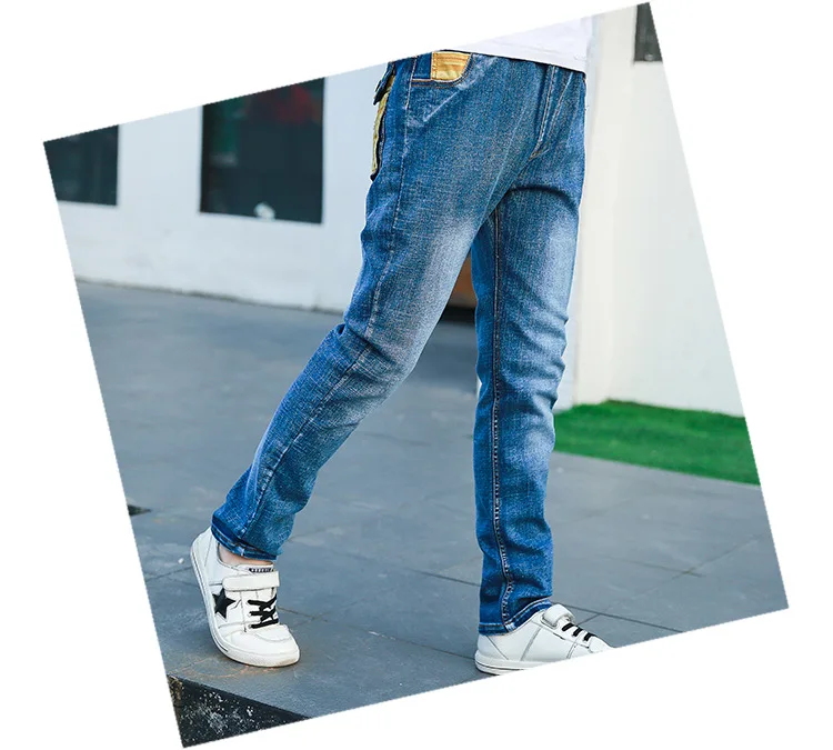 5 2019 Kids Boys Jeans Denim Pants Trousers Teens Letters Pockets Solid Navy Blue Spring Casual Elastic Waist Children Clothing