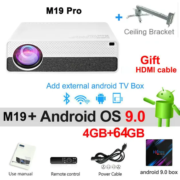 Vivicine M19 новейший проектор 1080 p, опция Android 9,0 HDMI USB PC 1920x1080 Full HD светодиодный проектор для домашнего кинотеатра - Цвет: Android9 64G bracket