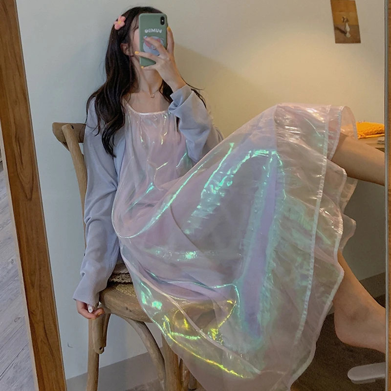 

Women's Clothing O-neck spaghetti strap loose ulzzang sexy dress+sweater cardigan Spring Summer two piece set New Chic Dresses