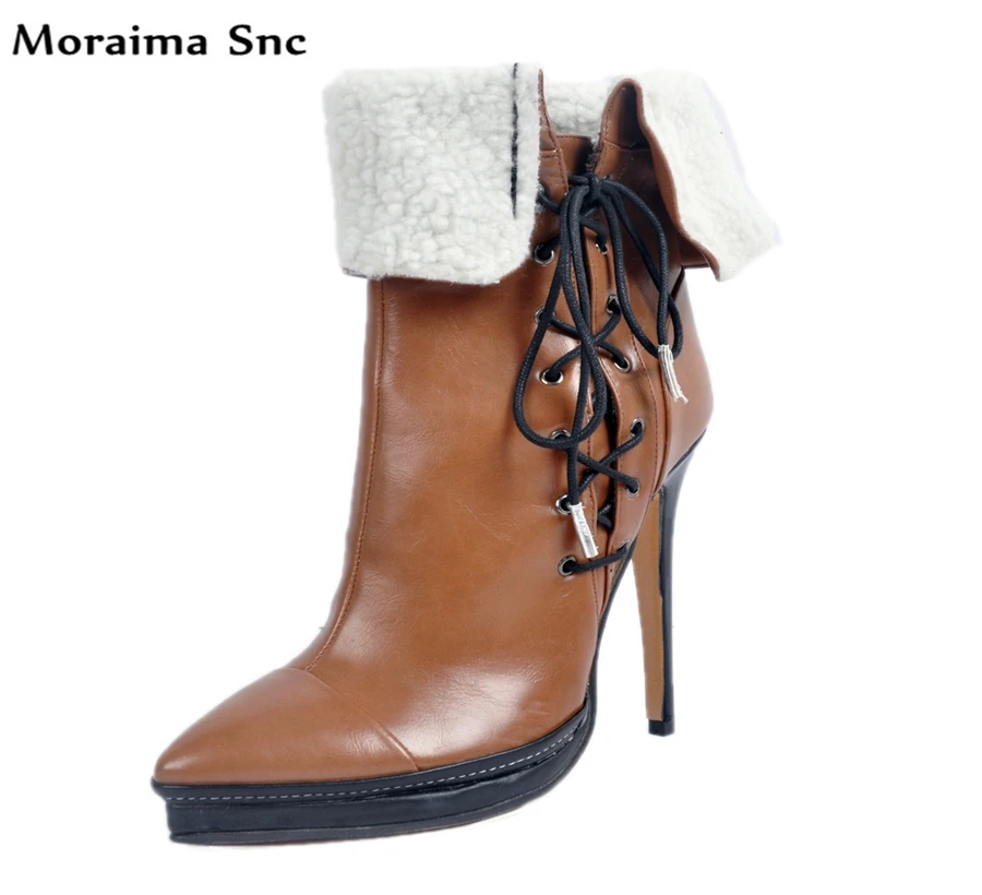

Moraima Snc fashion women Ankle boots turned-over platform pointed toe patchwork side lace-up Gladiator boots thin high heel