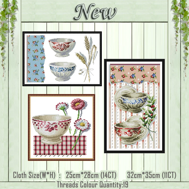 

Porcelain coffee cup flower decor painting counted print on the canvas DMC 11CT 14CT kits Cross Stitch embroidery needlework Set