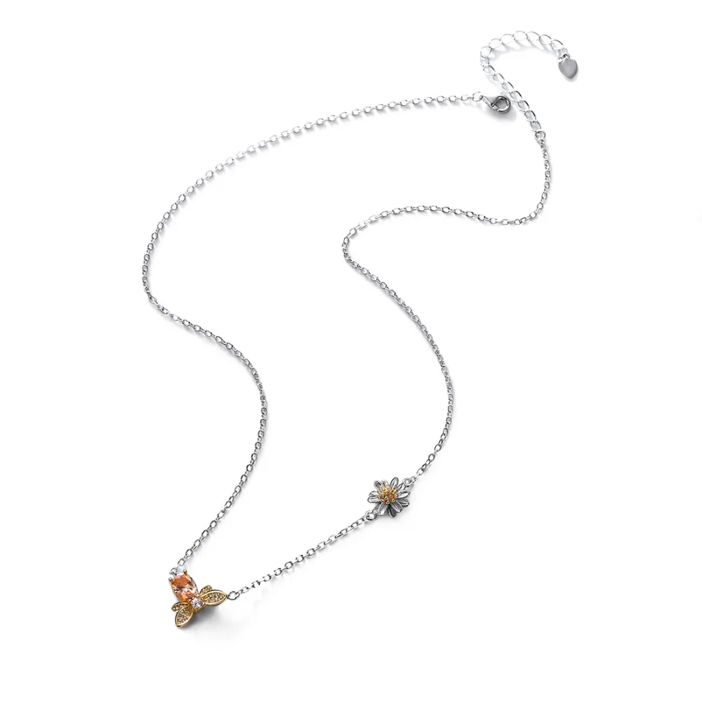 SILVERCUTE Bee ожерелье с цветок ромашка 925 серебро оранжевый камень насекомое кулон s