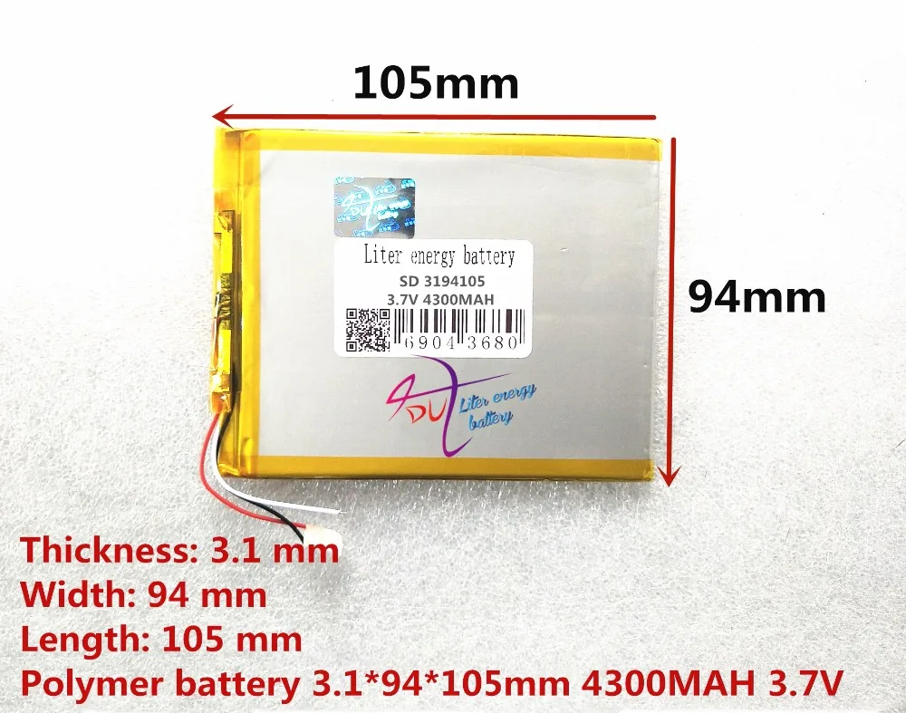 3 3194105 3,7 V 4300 MAH полимер аккумуляторные батареи планшет батарея 3095105 V820W 16G 32G v80 DVD