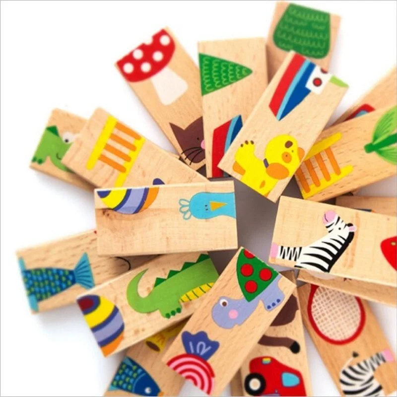 Domino Blocks 28pcs Early Education Childhood Wooden Building Block Toys Children Standard Animal Pattern Domino Blocks Toy 200 sets of wooden pile two scenes bottled blocks children s early childhood educational toys
