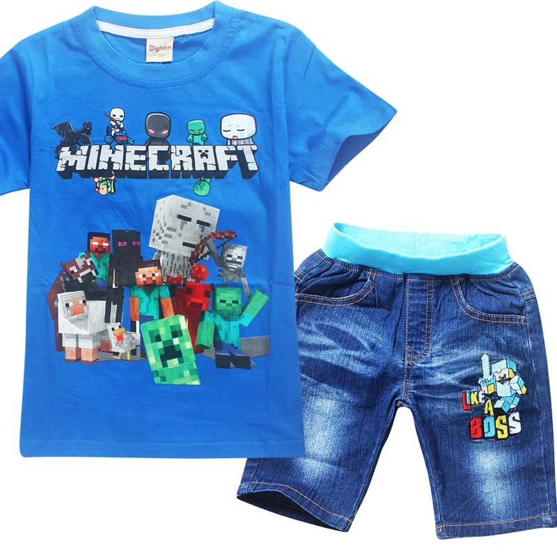 

Summer cartoon cotton Minecraft boys girls children two-piece short-sleeved T-shirt jacket + denim shorts pants clothes 6-12Y