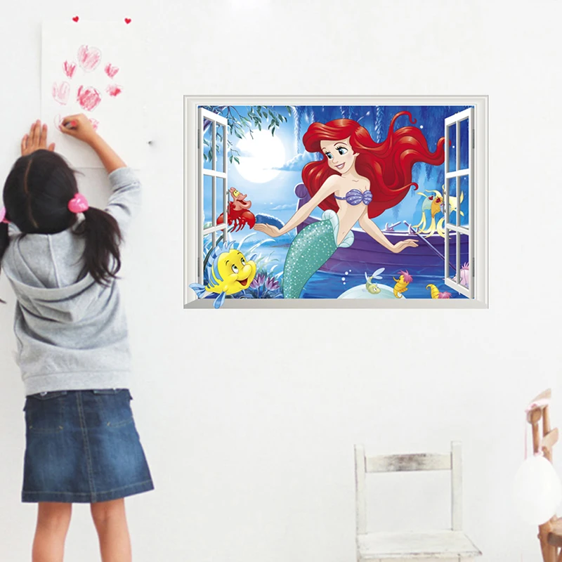 Disney Cartoon Mermaid Princess 3D Window Wall Stickers For Home Decoration Kids Room Mural Art Girl's Decals Anime PVC Posters