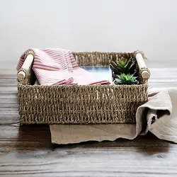 Японский водных сорняков корзины деревянная рукоятка Zakka Стиль коробка для хранения соломы корзины простой Органайзер ручной работы 3