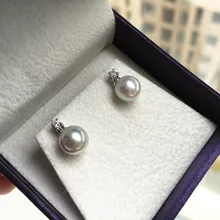 Women Gift word 925 Sterling silver real Japan Akoya permanent natural Grey Pearl Stud Earrings to Princess 7-7.5 mm circle