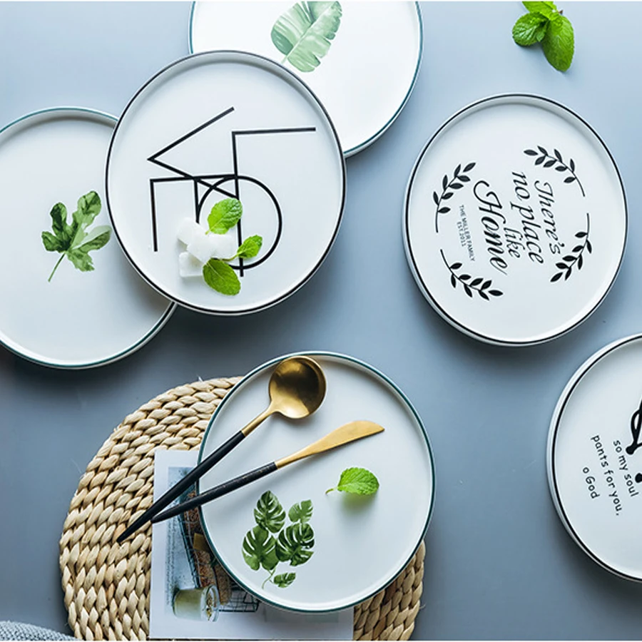 

European Style Marble Plates Ceramic Dinner Set leaf printed Porcelain Dessert Plate Steak Salad Snack Cake Plates Tableware