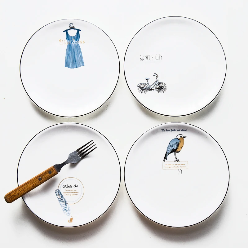 

8 Inch Porcelain Round Plate Edible Hand-Painted Strokes Dish Ceramic Steak Plate Illustration Restaurant Dinnerware 1pcs/set