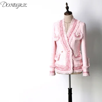 

2019 spring and autumn elegant cherry blossom pink coat V collar sweater tassel coat