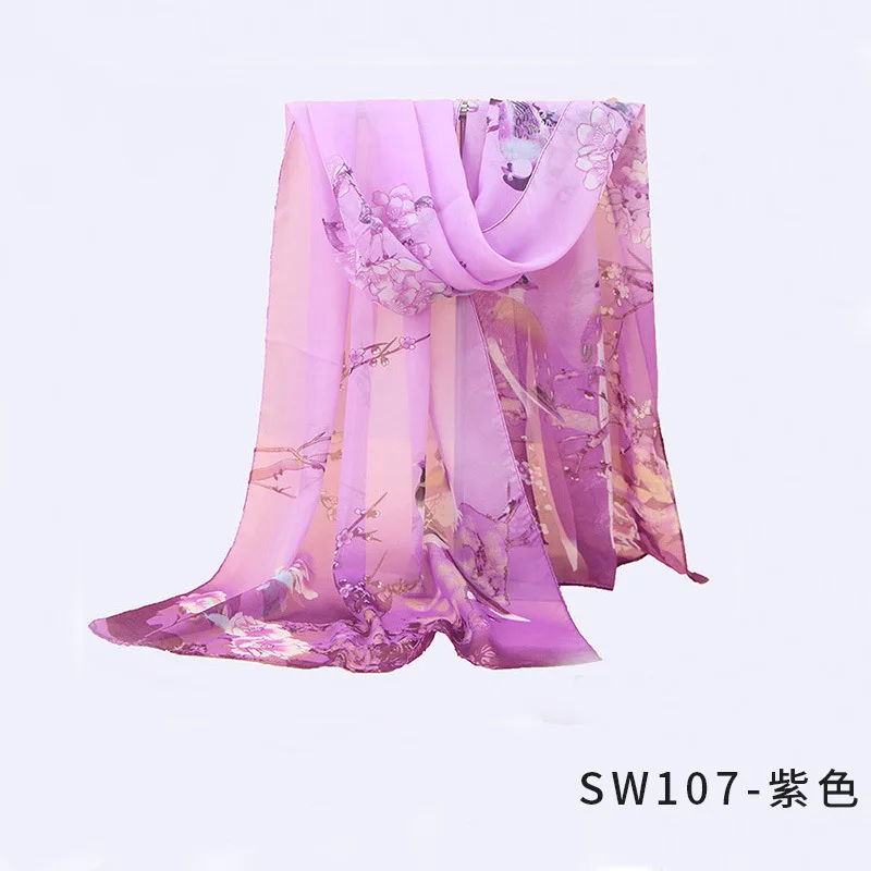 Весна Осень Цветок Птица печати шифон шелковый шарф бренд дизайн женские пляжные шали Красивая Бандана головная Косынка длинный платок - Цвет: SW107 purple