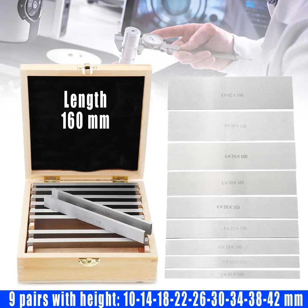 

9 Pairs 18Pcs Parallel Pad Gauge Block CNC Milling Pads Set 4mm x 160mm x (10-42mm) Alloy steel Ideal for Vice Milling Machine