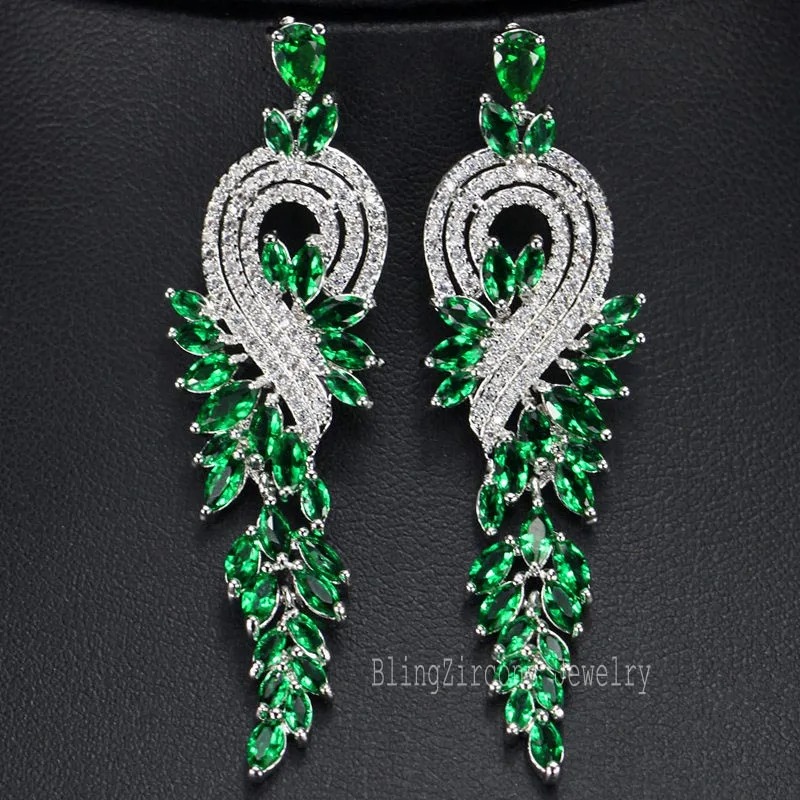 BeaQueen бренд CZ женские ювелирные изделия для ушей правый и левый Королевский синий Цирконий длинные висячие серьги для женщин свадебный подарок E033 - Окраска металла: Silver Green