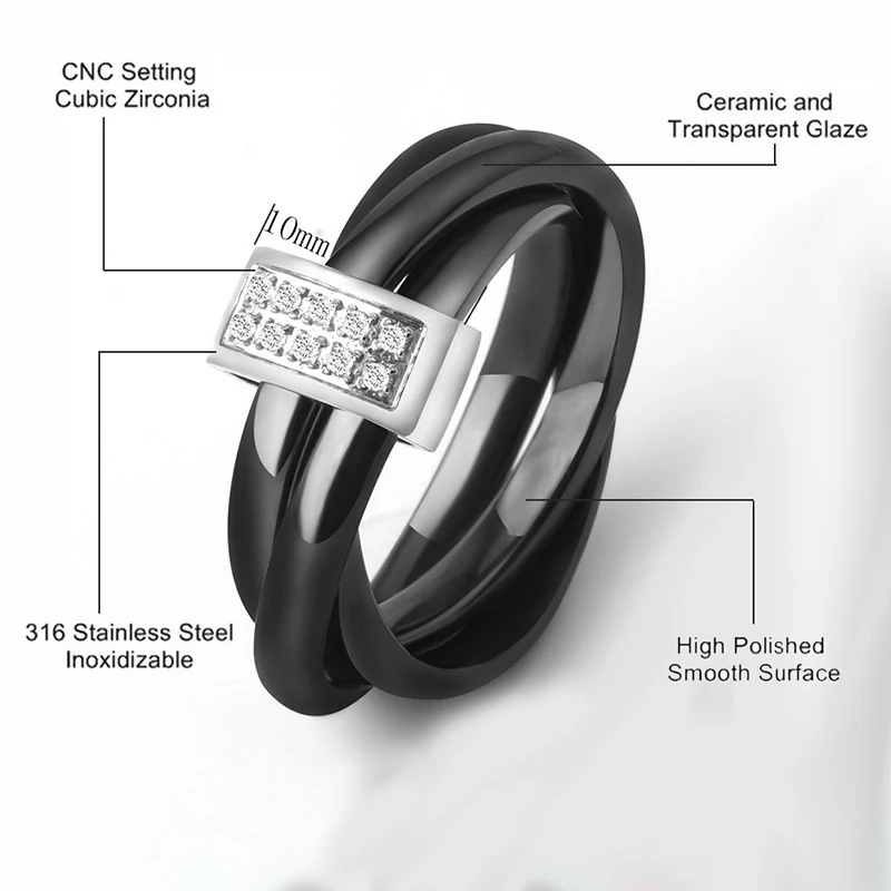 Три в одном керамические кольца, нержавеющая сталь, черный, белый цвет, три сплава, керамическое кольцо, стразы, обручальное кольцо с крестом для женщин