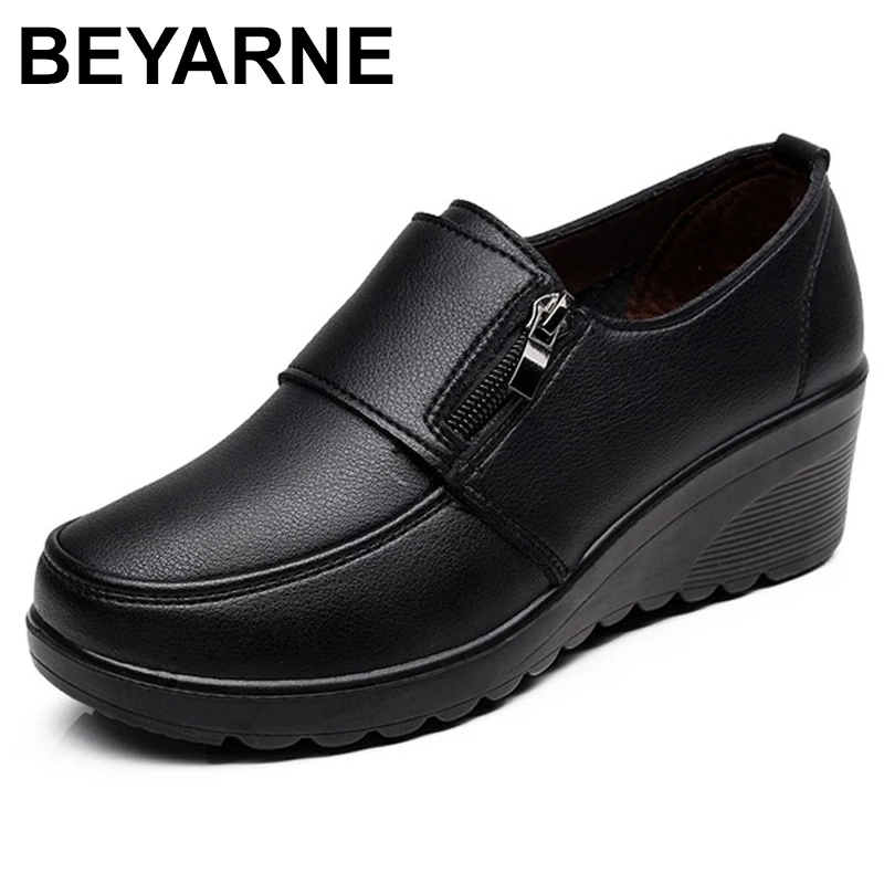 

BEYARNE2019Spring Autumn Women's fashion Pumps shoes woman genuine leather wedge single casual shoes mother high heels shoesE175