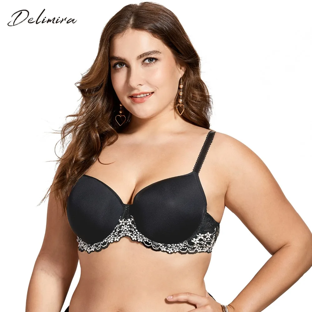 

Delimira Women's Full Figure Support Slightly Padded Underwire Contour T-shirt Lace Bra Plus Size B C D DD E F