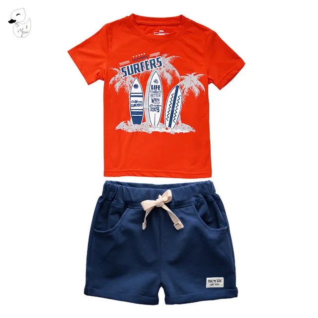 Детская летняя футболка с короткими рукавами и круглым вырезом для мальчиков, комплекты из топа и штанов, пляжные хлопковые комплекты с рисунками для малышей - Цвет: red navy