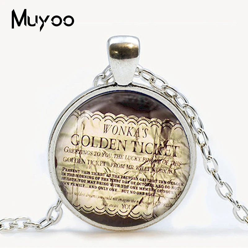 

Willy Wonka Ticket and the Chocolate Factory movie pendant Golden Ticket necklace movie jewelry glass picture choker necklss