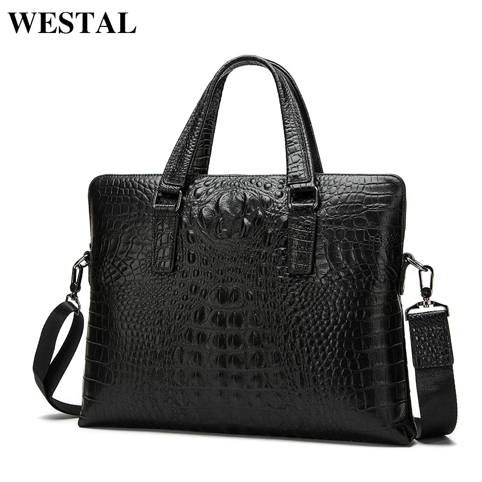 

WESTAL Crocodile Design Men's Briefcases for Lawyer Genuine Leather Laptop Bag 14 messenger bag men leather totes bags male 8803