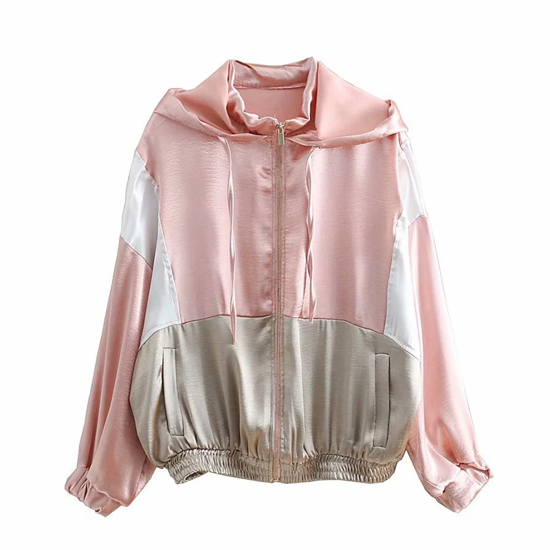 

Long Sleeve Women's Jackets Large Size Outerwear Patchwork Party Jackets For Women 2019 Pink Hooded Windbreaker Sport Jacket
