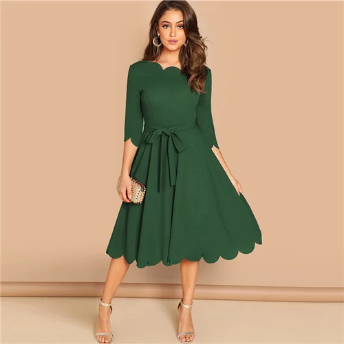 Sheinside, элегантное облегающее платье с зубчатыми краями, женское Бордовое платье с рукавом 3/4, однотонные платья-карандаш, женские вечерние платья, ночные дамы миди платье - Цвет: Green1