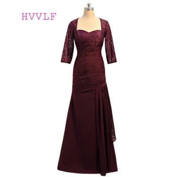 

Purple 2018 Mother Of The Bride Dresses Mermaid 3/4 Sleeves Chiffon Lace Long Evening Dress Groom Mother Dresses For Wedding
