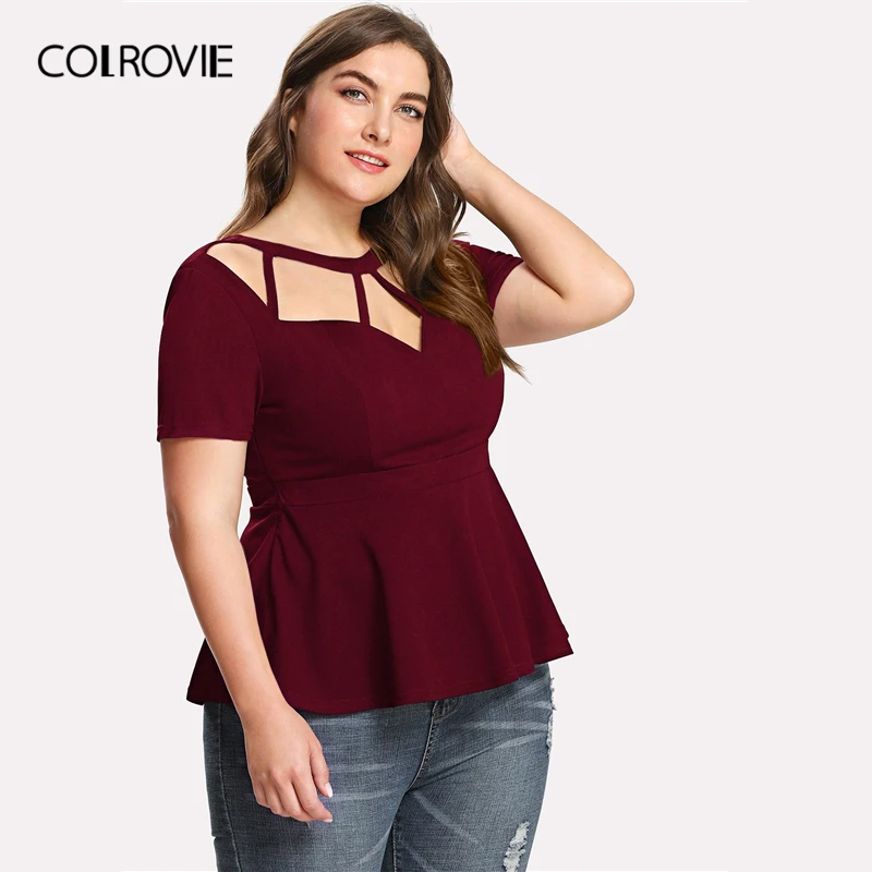 COLROVIE زائد الحجم عنابي قطع سليم صالح الصلبة Peplum بلوزة قميص المرأة 2019 الصيف قصيرة الأكمام مكتب السيدات البلوزات COLROVIE زائد الحجم عنابي قطع سليم صالح الصلبة Peplum بلوزة قميص المرأة 2019 الصيف قصيرة الأكمام مكتب السيدات البلوزات
