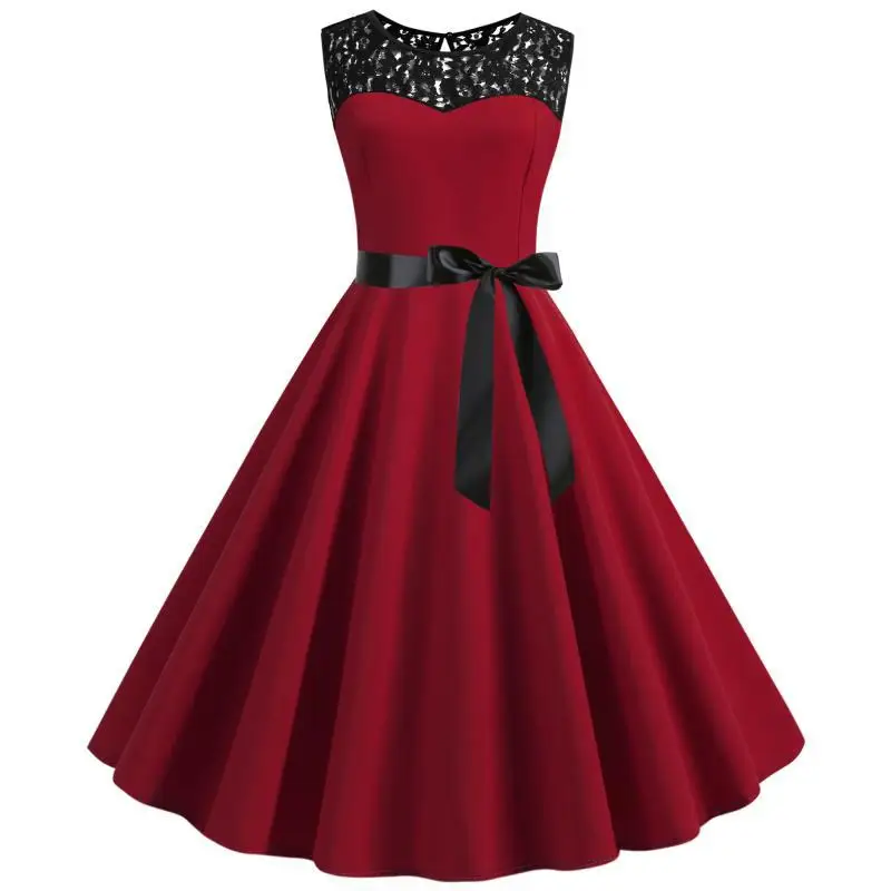 

Newest women's A-line dress retro sleeveless lace stitching Cotton dresses Eleven Colors YP5296