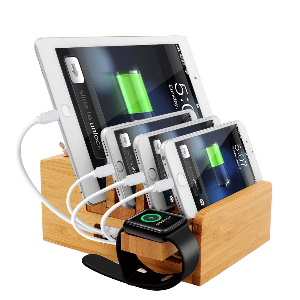 

iCozzier Bamboo Charging Station Dock Desktop Organizer Holder for iPad,iWatch Stand Cord Organizer MultiDevices Docking Station