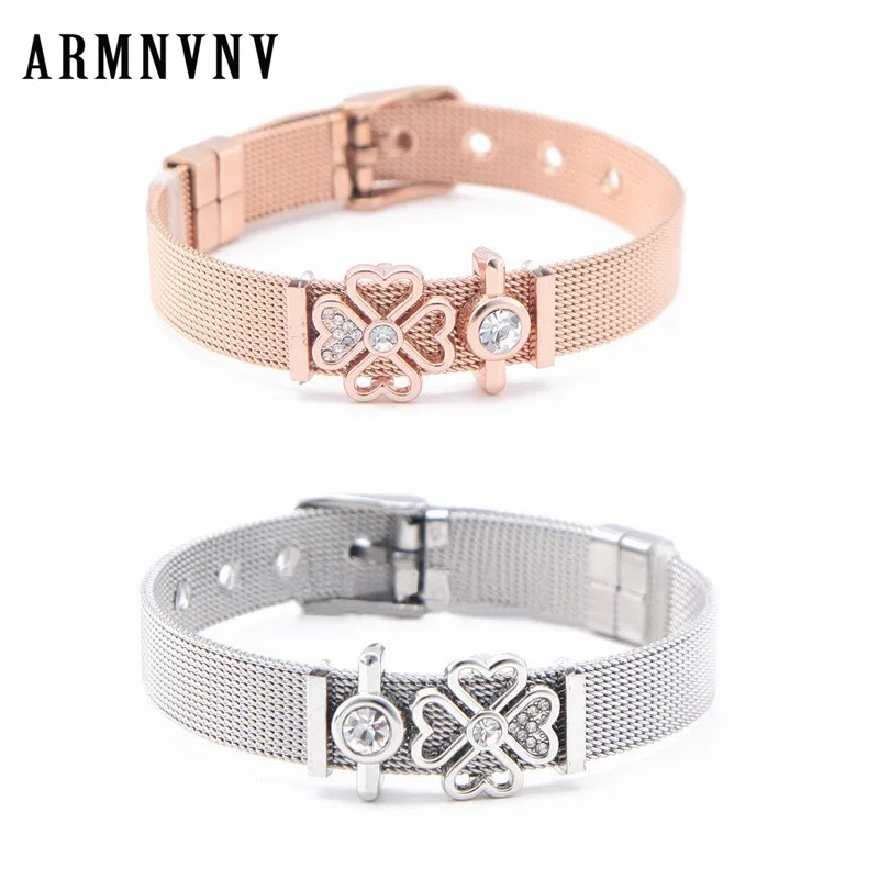 

ARMNVNV Jewelry Stainless Steel Mesh Wrap Bracelets Crystal Clover Slide Charms Keeper Bracelets Women Gifts