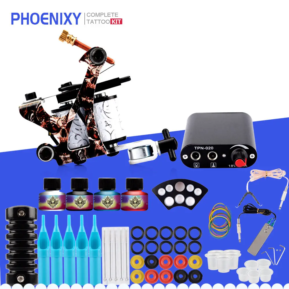 

Starter Tattoo Kit One Machine Set Black Power Supply Needles Permanent Make Up Beginner Tattoo Kit Set 4Pcs Inks Make up