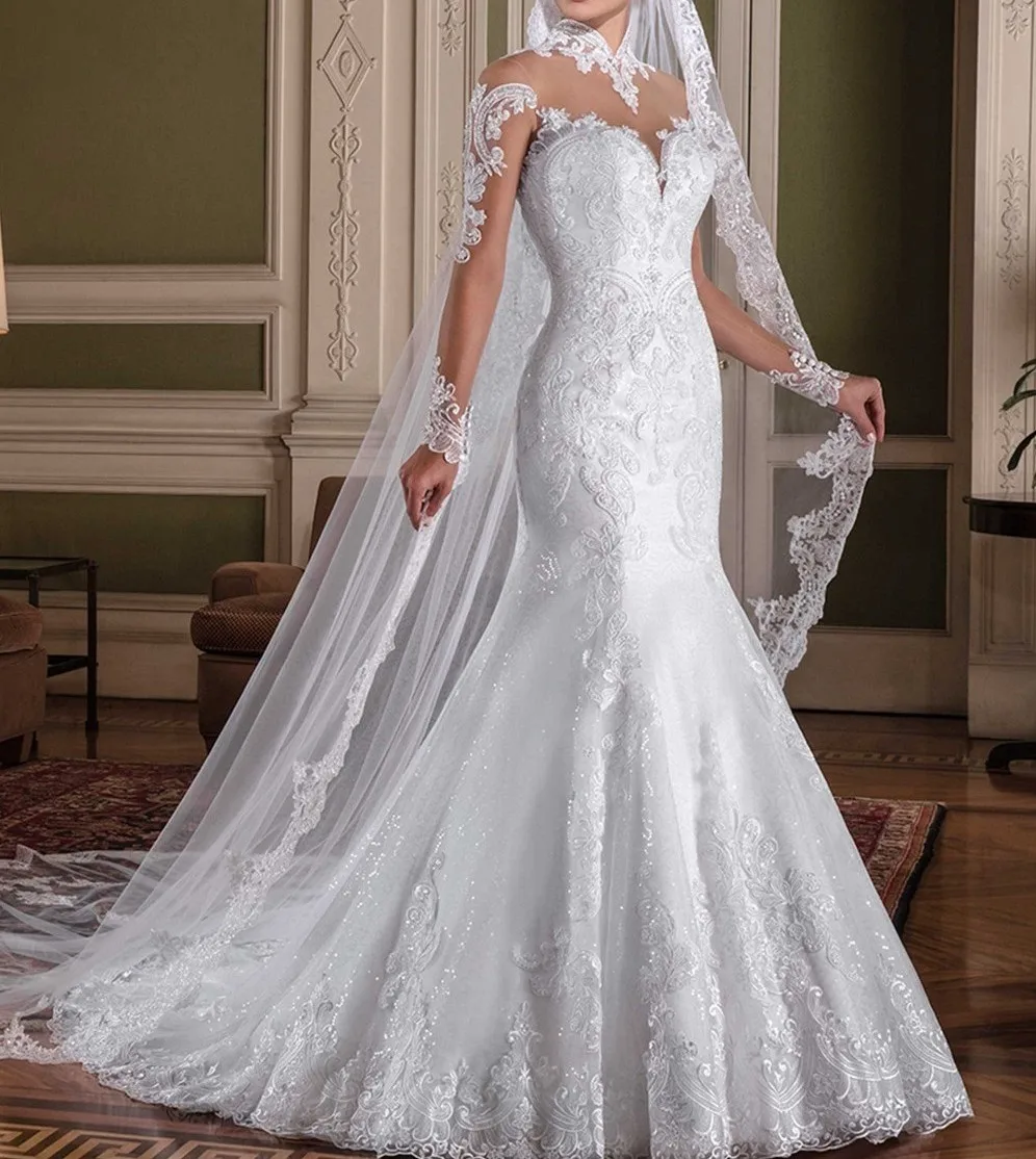 

TPSAADE Vestido de noiva Long Sleeves Mermaid Wedding Dresses High Neck Lace Appliques Bridal Gowns 2019 Robe de mariee