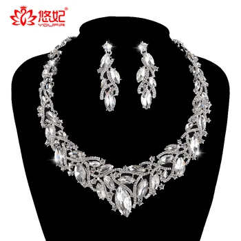 

delicate silver color bridal jewelry sets for bride wedding party necklace earrings set women dress marquise rhinestone jewlery