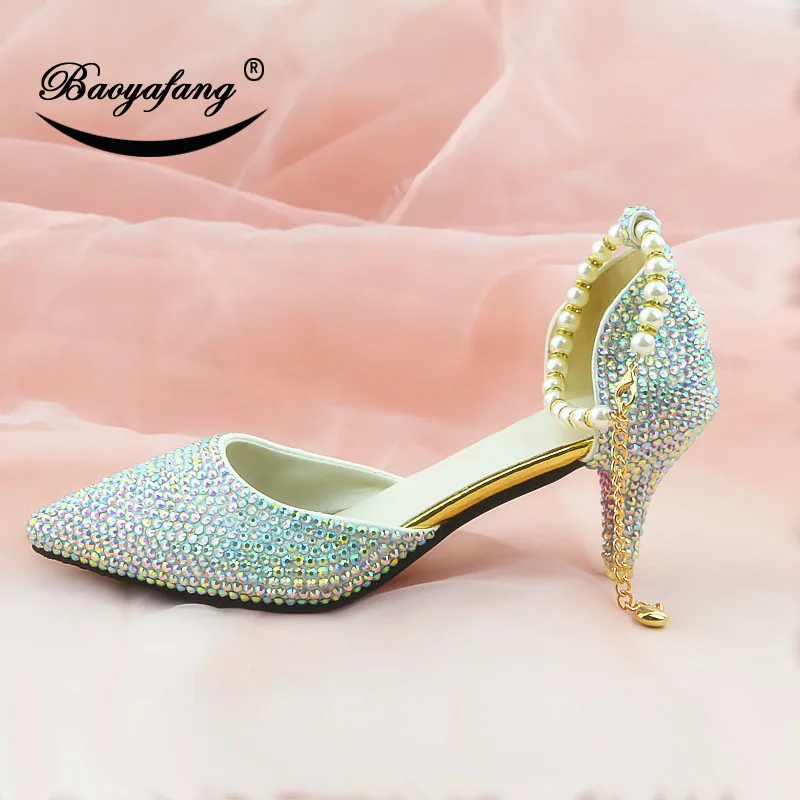 

2019 New arrival Pointed toe Womens wedding shoes 6cm woman crystal party dress shoes plus size White AB Drill Crystal Shoes