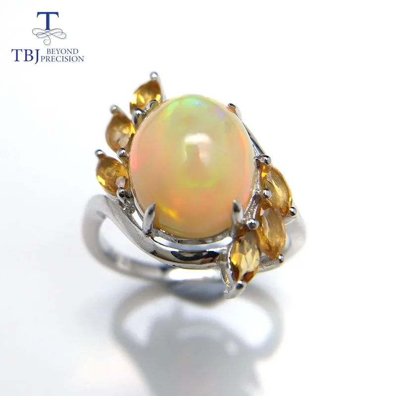 

TBJ,Natural Ethiopian Colorful Opal oval 10*12mm with brazil citrine gemstone Ring in 925 sterling silver for women with box