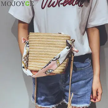 

Summer Women Durable Weave Straw Beach Bags Feminine Woven Bucket Bag Grass Casual Silk Riband Handbags Knitting Rattan Bags